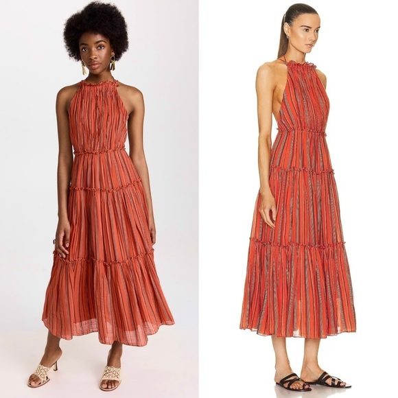 ULLA JOHNSON Cotton Stripe Sleeveless Halter Neck Open Back Tier Ruffle Dress 10 - Picture 8 of 14